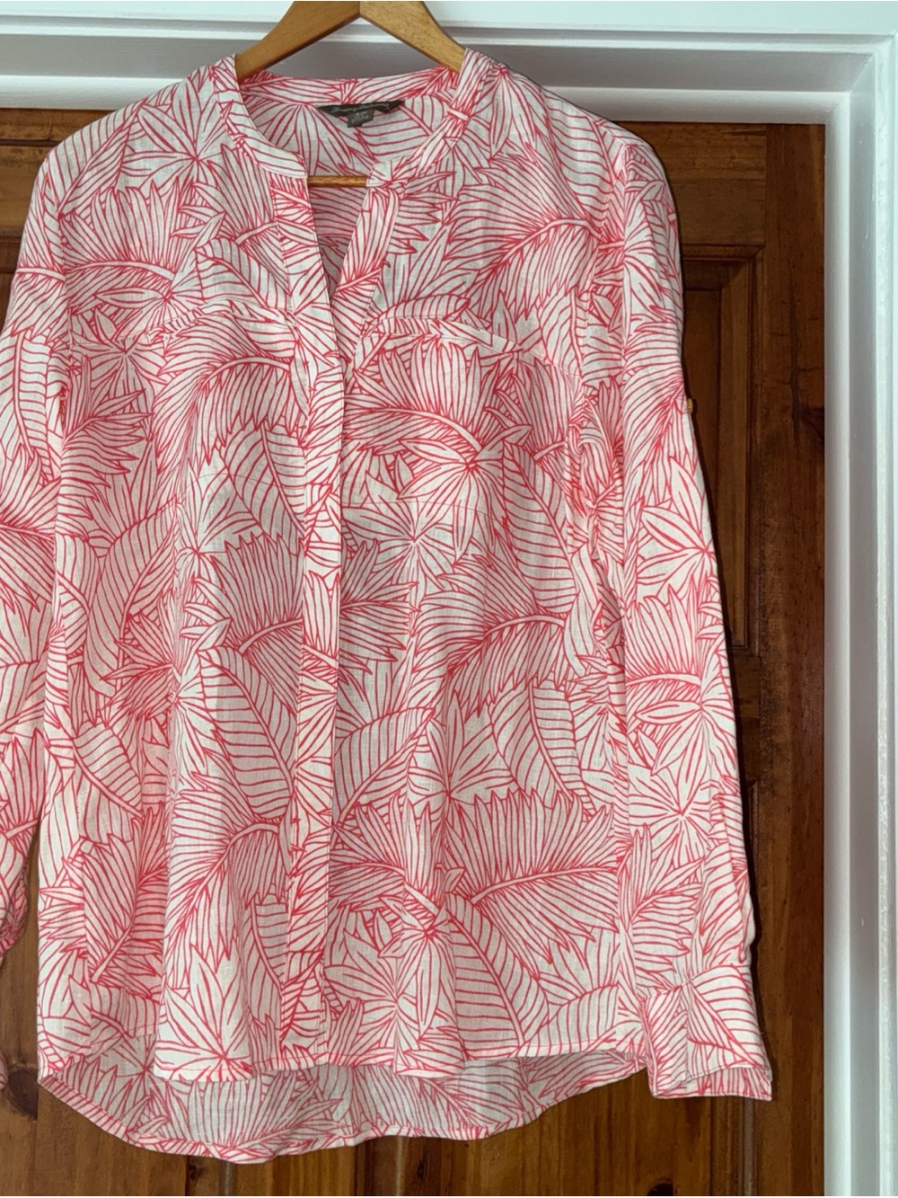 Tommy Bahama Coral and White Leaf-Print Split-Neck Blouse